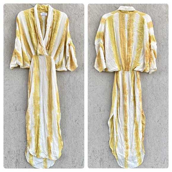 SWF Watercolor Striped Plunge Shawl Collar Caftan Maxi Dress XS Golden Hour - Picture 1 of 10